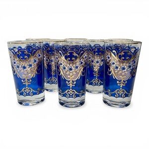 8 Hazel Atlas Cobalt Blue and 22-Karat Gold Floral Cocktail Glasses, Mid Century